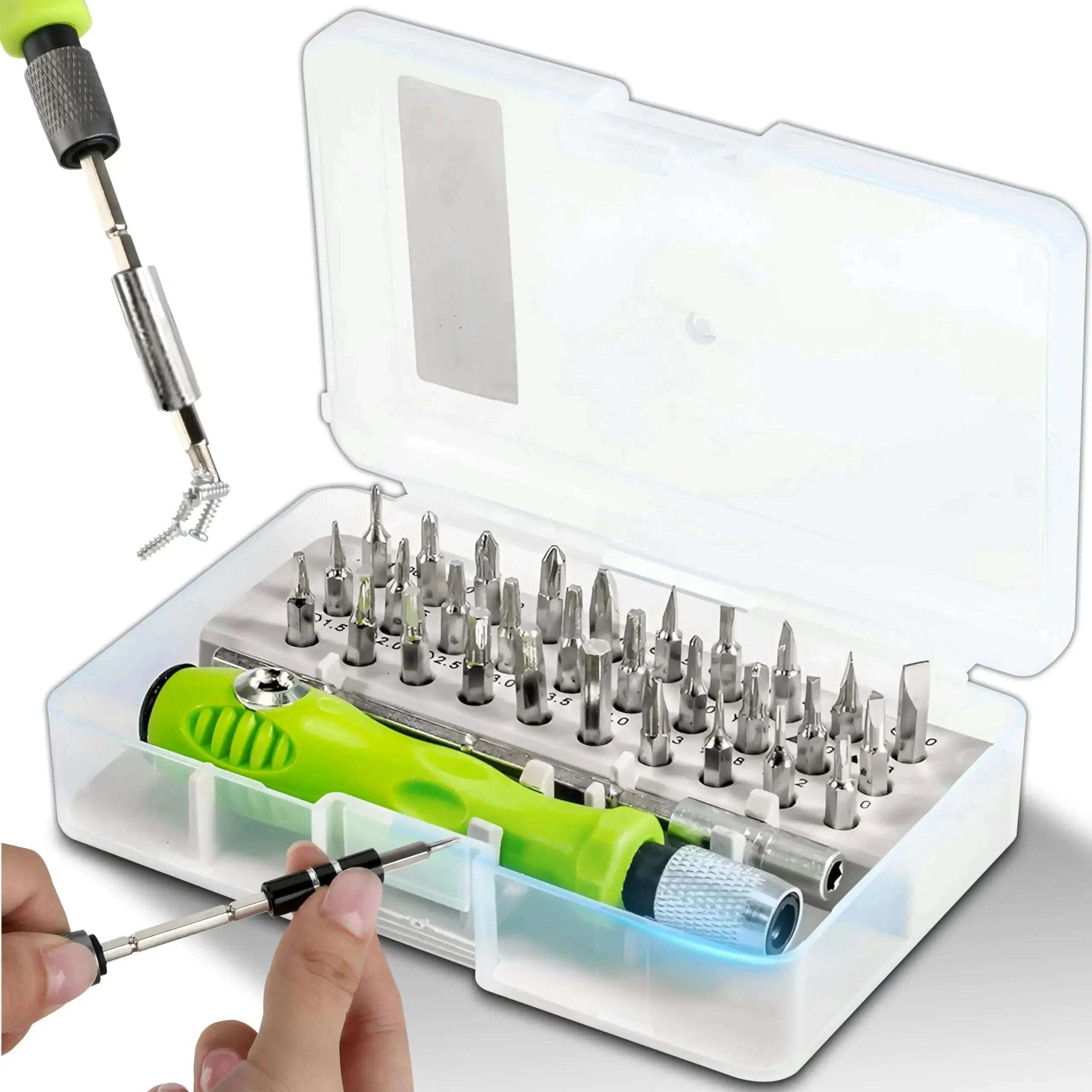 Home improvement tools online UAE featuring a versatile screwdriver set with multiple bits and a clear storage case